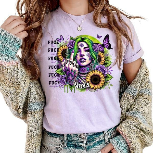 Fuc$ T Shirt with Tattted Woman & Sunflowers & Butterflies, Adult Humor Offensive Short Sleeve T Shirt, Middle Finger Shirt, 100% Cotton Unisex Sizing T-Shirt