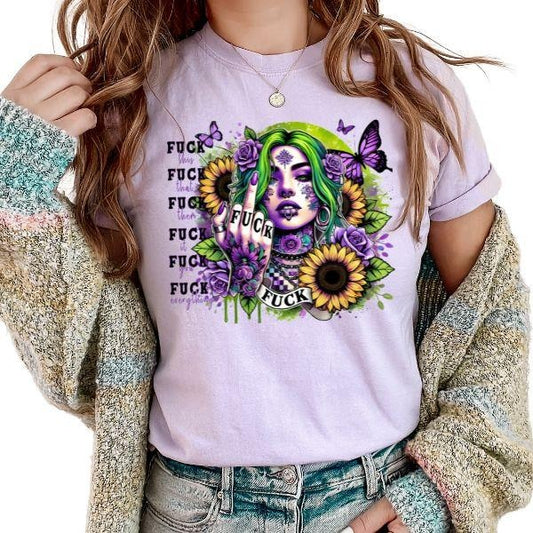 Fuc$ T Shirt with Tattted Woman & Sunflowers & Butterflies, Adult Humor Offensive Short Sleeve T Shirt, Middle Finger Shirt, 100% Cotton Unisex Sizing T-Shirt