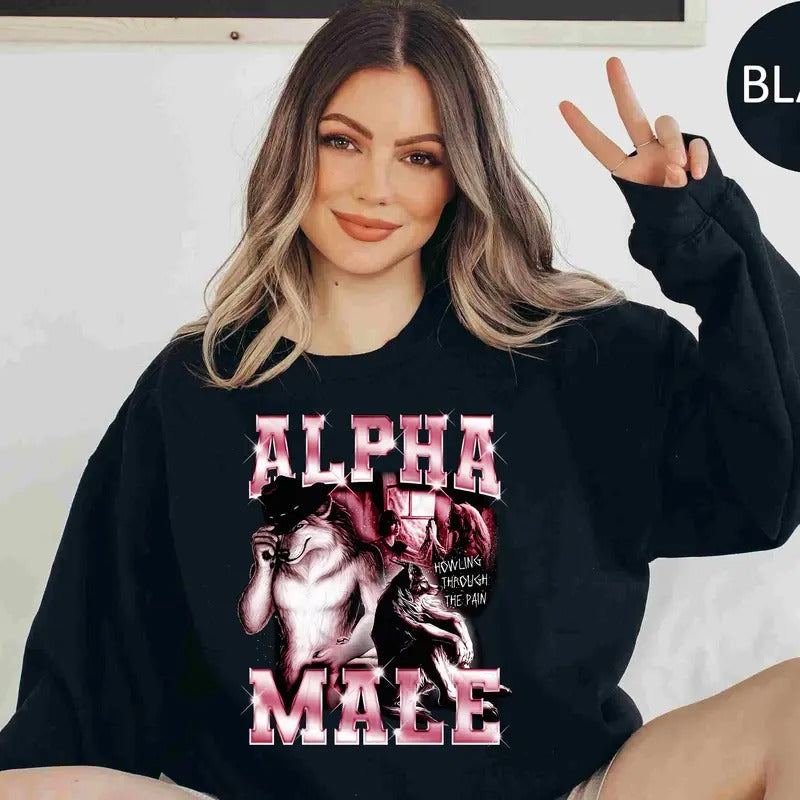 Funny Alpha Male Sweatshirt, Bold Pink Graphic Wolf Sweater