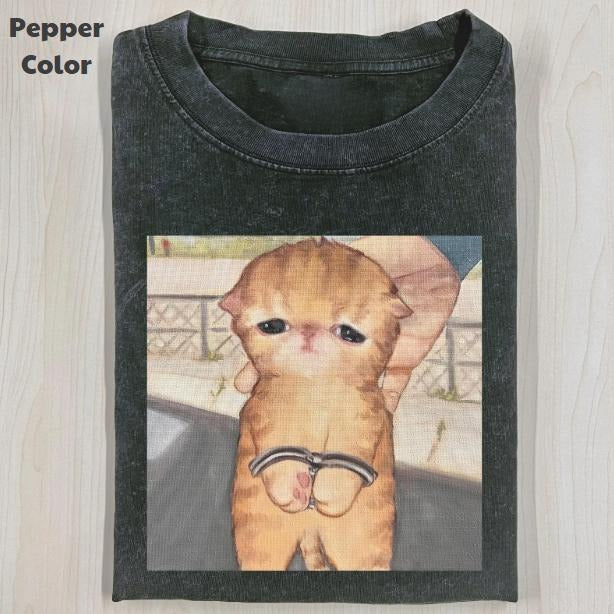 Funny Animal Vintage Graphic Tee, Cat Detained T-Shirt, Animal Shirt, Unisex Meme Cringe Funny Shirt, Menswear Womenswear Streetwear Cotton Comfort