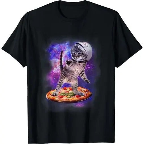 Funny Cat Flying A Pizza Astronaut Kitten Space T-Shirt Made in USA