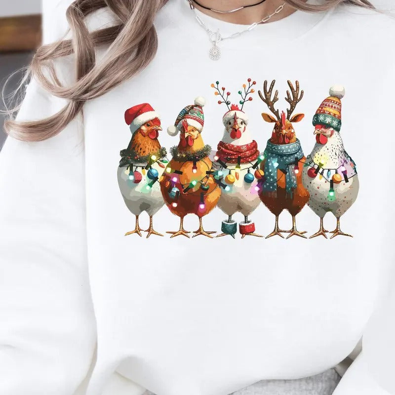 Funny Cute Christmas Chickens Sweatshirt, Xmas Farm Sweater, Cute Christmas Chicken Tee, Cute Women Xmas Gift, Cozy Chicken Crewneck