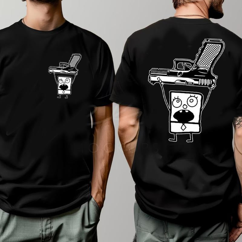 Funny Doodlebob Holding a Glock 2 Sided Graphic Unisex Classic T-Shirt