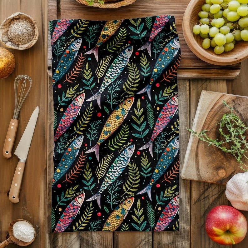 Funny Subtle F Trump Matisse Fauvism Inspired Sardines Tea Towels, Anti Trump Mother's Day, Kitchen Decor, Progressive Housewarming Gift