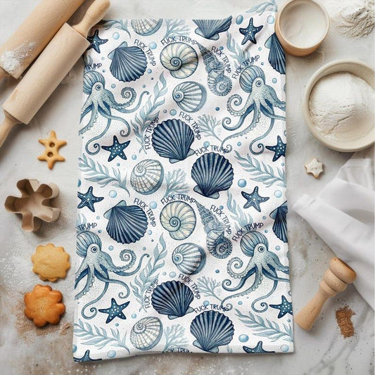 Funny Subtle F Trump Vintage Octopus AndSea Shells Tea Towels, Anti Trump Mother's Day, Seaside Kitchen Decor, Progressive Housewarming Gift