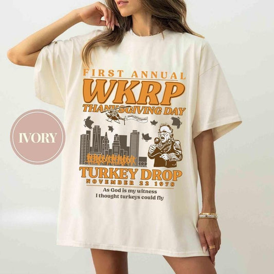 Funny Thanksgiving WKRP Turkey Drop T-Shirt, Sweatshirt, Hoodie - First Annual WKRP Thanksgiving Day Cincinnati OH Shirts