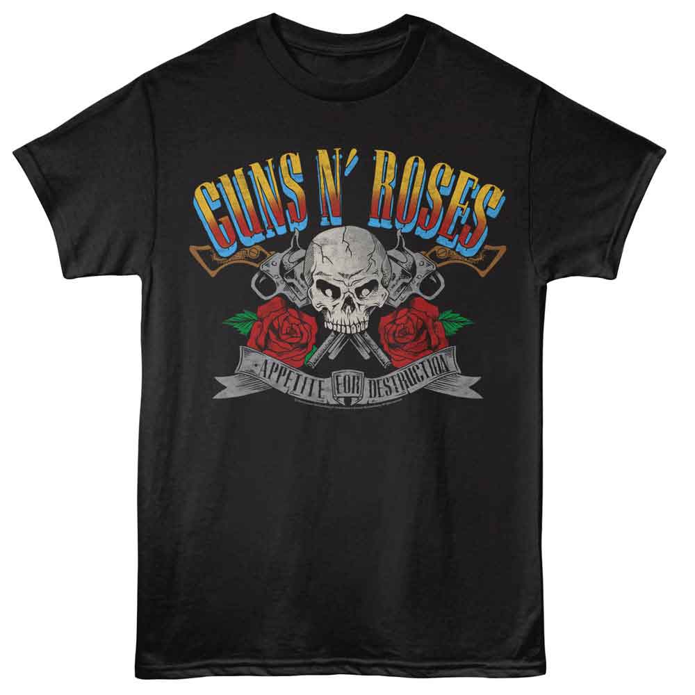 Guns N Roses - Afd Pistols And Skull - American Classics - Front Print Black Solid Adult Short Sleeve T-Shirt