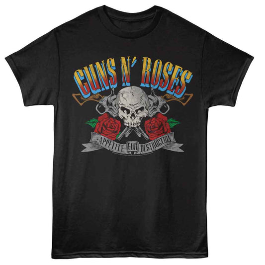 Guns N Roses - Afd Pistols And Skull - American Classics - Front Print Black Solid Adult Short Sleeve T-Shirt
