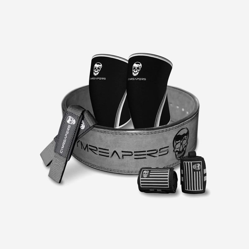 GYMREAPERS Strength Kit - 10mm Gray Lever Belt, 7mm Knee Sleeves, Padded Lifting Straps, 18" Wrist Wraps