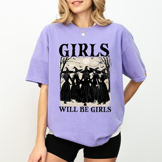 Girls Will Be Girls Witch Comfort Colors Shirt, Vintage Halloween Graphic Tee, Feminist Unhinged Shirt, Sarcastic Women T-shirt, Spooky Witchy Shirt, Comfy Fabric Graphic Tee, Womenswear, Cotton Fabric Relaxed Fit Chic Style feminist witch