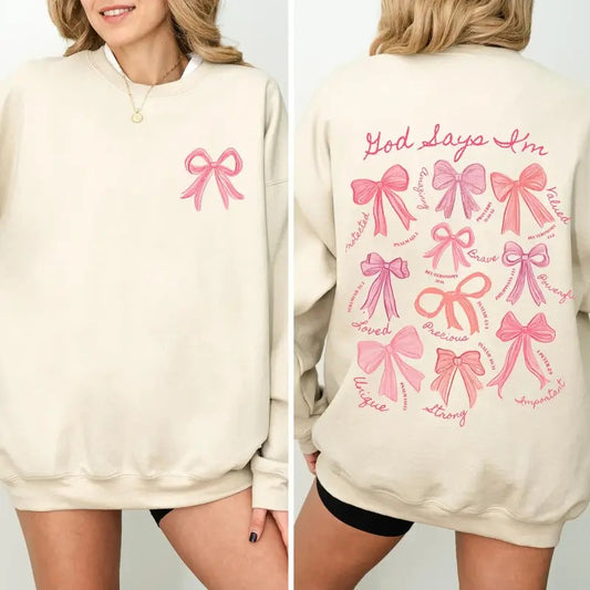 God Says I Am Coquette Bow Sweatshirt, Women's Christian Sweatshirt,  Balletcore Christian Sweater, Christian Girl Gifts