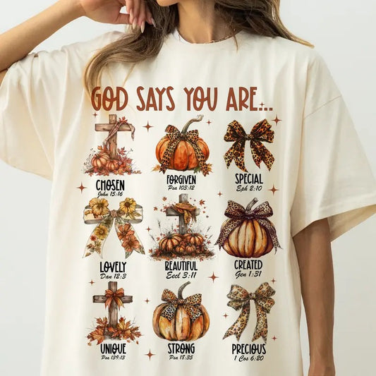 God Says You Are Shirt, Fall Coquette Bow Sweatshirt, Christian Fall T-Shirt, Autumn Pumpkin Shirt, Cross Christian Shirt Cotton Crewneck