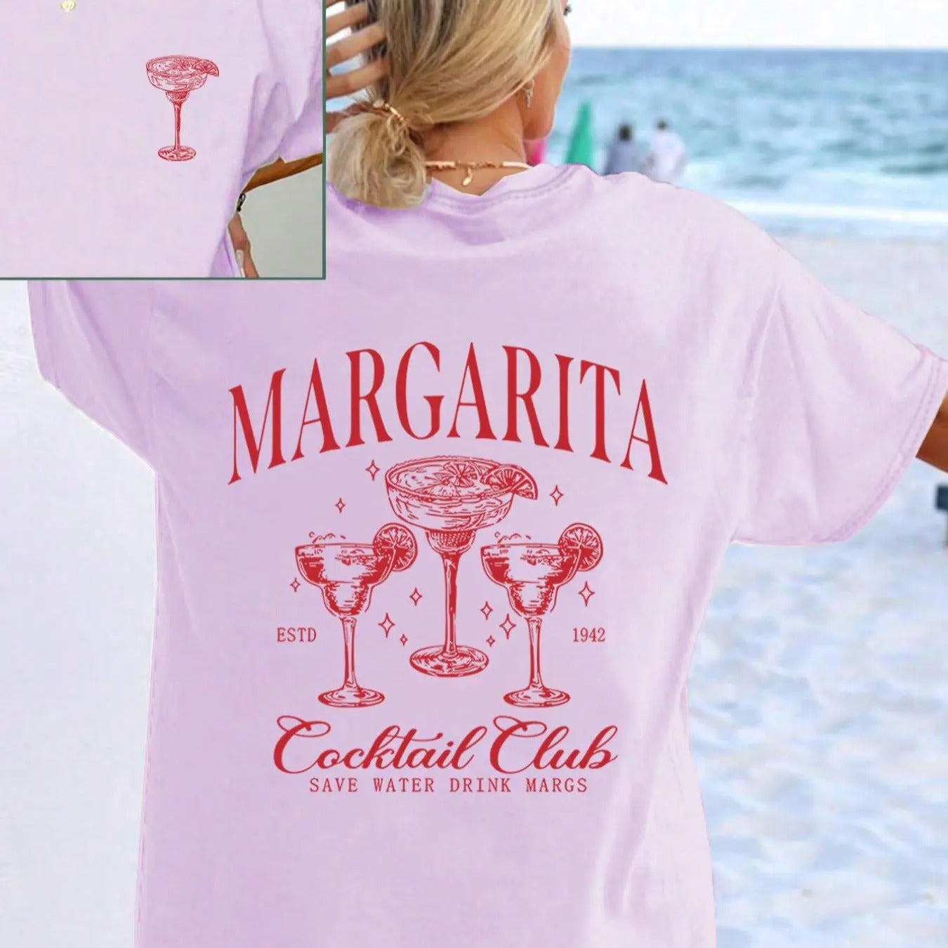 Women's Plain / Letter & Margarita Print Drop Shoulder Tee, Casual Half Sleeve Round Neck T-shirt for Summer, Ladies Clothes for Beach Vacation, Womenswear, Plain / Graphic Tees Women