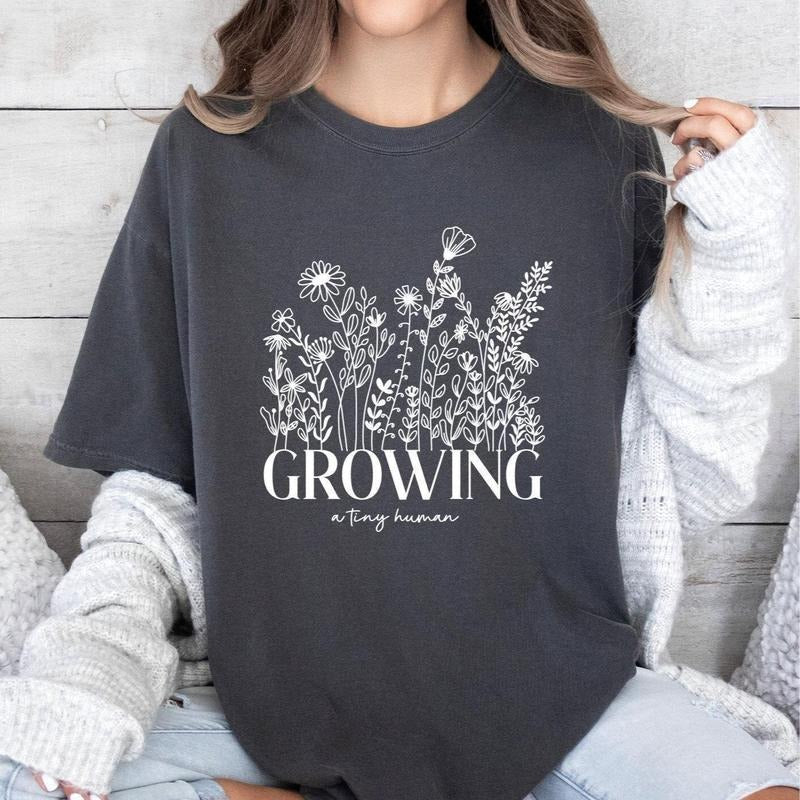 Growing A Tiny Human Pregnancy Announcement Comfort Colors Shirt, Spring Flower Baby Reveal Maternity Shirt, Gift for Expecting