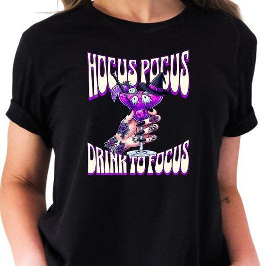 Grunge Alternative Spooky Halloween T-Shirt: Tatted Hands Drinking Margarita - "Drink to Focus" - Edgy Graphic Tee, Unique Witchy Apparel, Cool Gothic Style, Perfect for Alternative Fashion Lovers, Spooky Vibes, Statement Shirt, Halloween Party Outfit