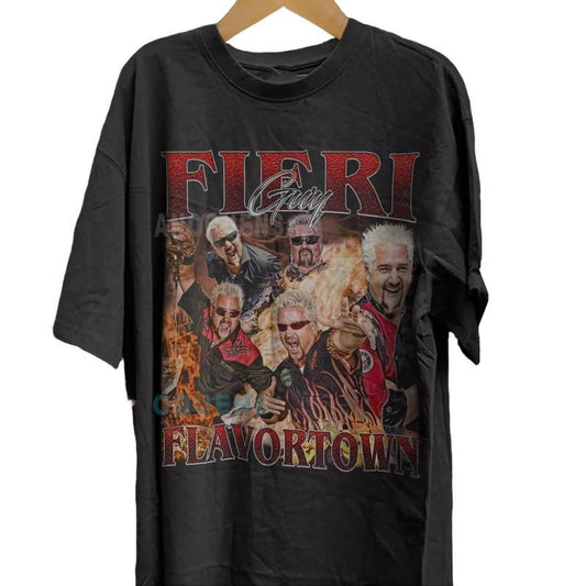 Guy Fieri Shirt, Flavortown 90s Shirt, Pop Culture Novelty Cooking Shirt, Welcome To Flavortown Vintage Tee Menswear Top Underwear Man Tshirt Streetwear Tropical Crewneck Round Neck Shortsleeve T-Shirt Human
