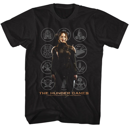 Hunger Games - Katniss With Districts - American Classics - Solid Black Adult Short Sleeve T-Shirt