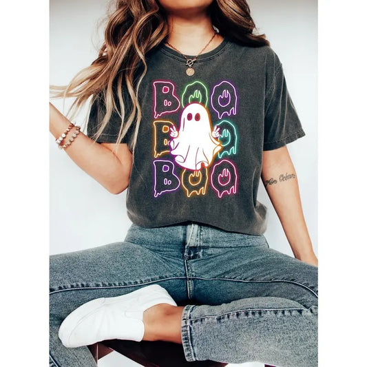 Halloween Boo Neon T-Shirt, Neon Halloween Ghost Shirt, Halloween Ghost Neon Shirt, Halloween Party Shirt Cotton Womenswear