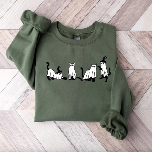 Halloween Cat Sweatshirt - Tshirt - Hoodie, Ghost Shirt, 2024 Spooky Seas, Cool Halloween Cat Shirt, Cat Lover Tshirt, Tee Print