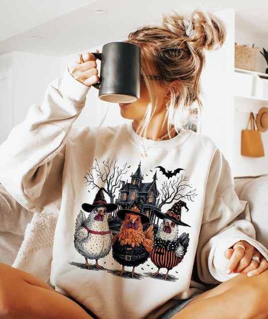 Halloween Chickens Sweatshirt, Haunted House Chickens Sweater, Spooky Chickens Shirt, Fall Pumpkin Halloween Shirt, Chickens Witch Halloween Shirt, Chickens Lover Shirt, Fall Halloween Gift Shirt