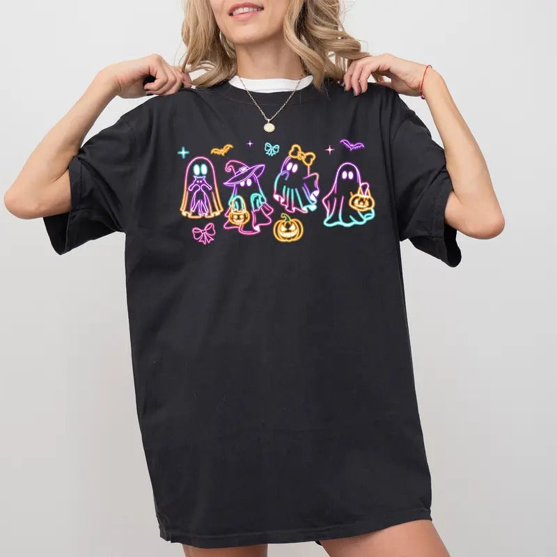 Halloween Ghost Neon Unisex Graphic Tee, Dancing Ghosts Halloween Unhinged Shirt, Funny T-shirt For Women, Cute Ghosts Tee, Spooky Season Unisex T-shirt, Comfy Fabric Graphic Tee, Women's Top, Womenswear, Cotton Fabric Relaxed Fit Chic Style
