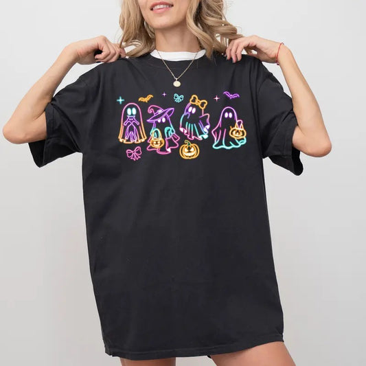 Halloween Ghost Neon Unisex Graphic Tee, Dancing Ghosts Halloween Unhinged Shirt, Funny T-shirt For Women, Cute Ghosts Tee, Spooky Season Unisex T-shirt, Comfy Fabric Graphic Tee, Women's Top, Womenswear, Cotton Fabric Relaxed Fit Chic Style