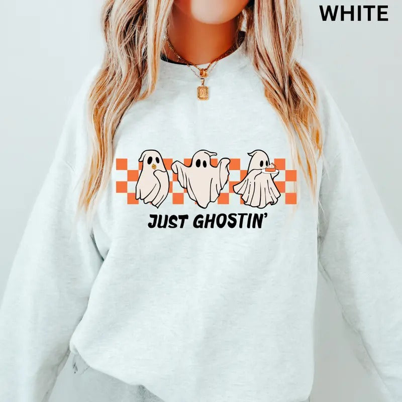 Halloween Season Crewneck, Just Ghostin Sweatshirt, Oversized Halloween Graphic Crewneck, Cotton Pullover Spooky Season Sweater