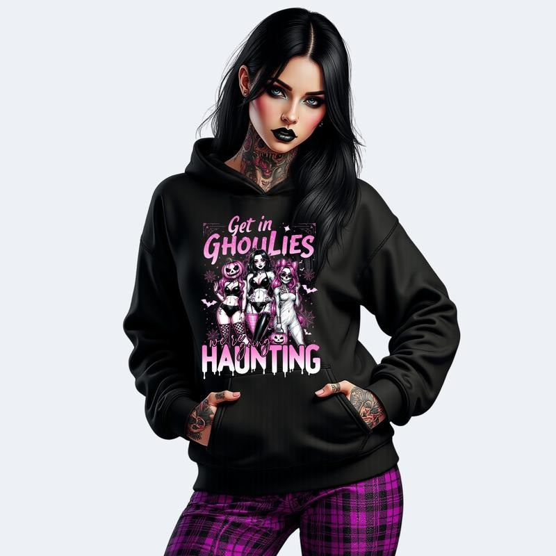 Halloween Sweatshirt - Get In Ghoulies We're Going Haunting Black Hoodie with Pink Graphic Design for Women's Casual Pullover Tops Long Sleeve Crewneck