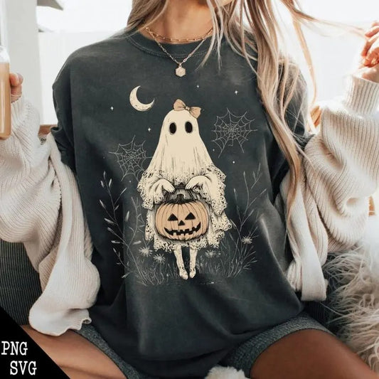 Halloween lace ghost shirt, scary ghost T-Shirt, girly ghost orange bow Tee, vintage lace ghost Shirt, spooky season, cute fall gift