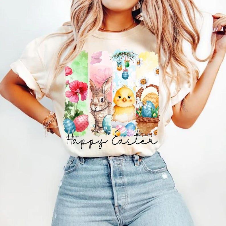 Happy Easter T-shirt, Retro Bunny, Coquette Floral, Spring Brushstroke
