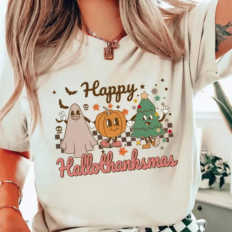 Happy Hallothanksmas Shirt Happy Halloween Thanksgiving Christmas Sweatshirt Holiday Season Shirt Funny Halloween Fall Shirt Autumn Tee