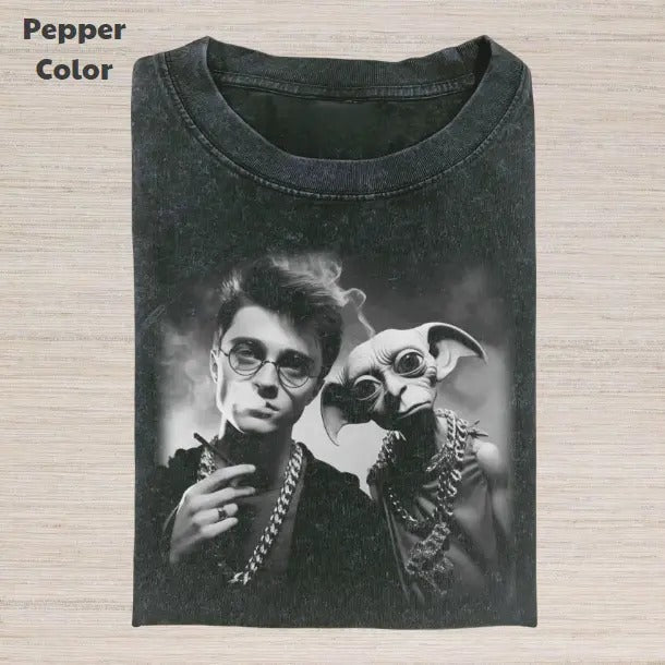 Harry Potter Vintage Graphic Tee, Dobby And Harry Smoking T-Shirt, Movies Tee, Unisex Meme Cringe Funny Dumb Shirt, Menswear Womenswear Streetwear
