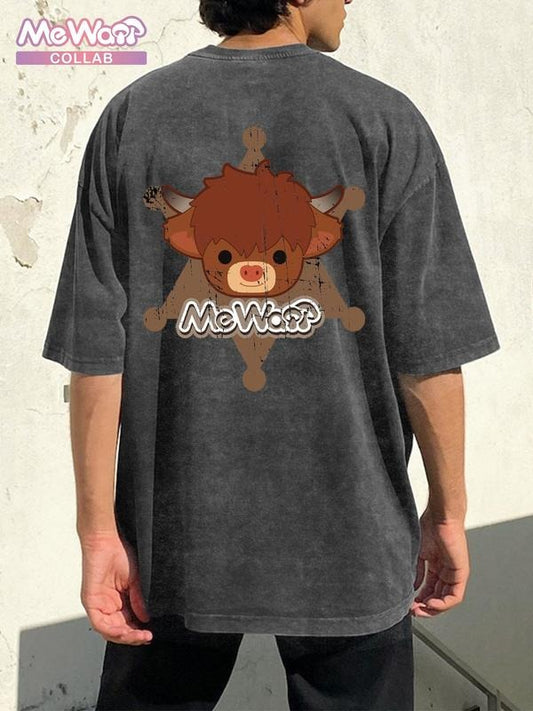 Highland Cow Kyloe Pattern 100% Cotton Street Style Graphic Print Washed Round Neck Tee, Mewaii Official Collab | Fyp Fashion Men's Short Sleeve Clothes for Daily Wear, Cotton