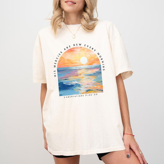 His Mercies Are New Every Morning Shirt, Bible Verse Lamentations 3:22-33 Printed Women Casual Style, Jesus Double Sided Graphic Printed Crewneck, Religious Comfy Oversized Womenswear, Shirt Gift For Christian, Soft Fabric Unisex Tee