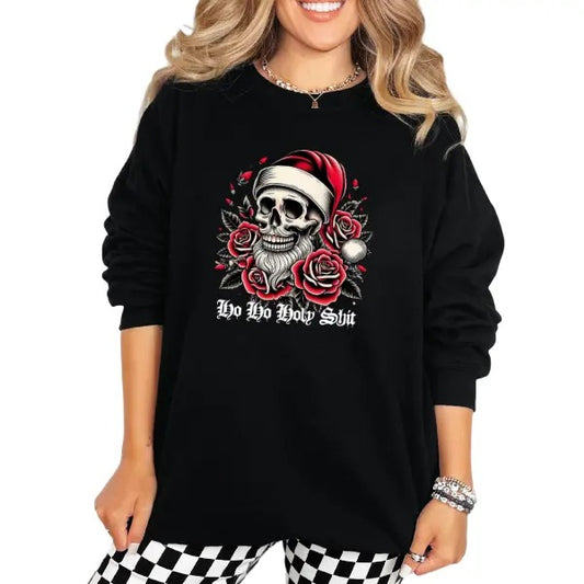 HO HO HOLY SH$T Black Sweatshirt/Hoodie | Grunge-Inspired Goth Streetwear | Checkered Pattern | Alternative Christmas Vibes | Skeletons & Skulls Design | Dark & Edgy Winter Fashion | Unique Holiday Statement Piece | Perfect for Bold Street Style Fans