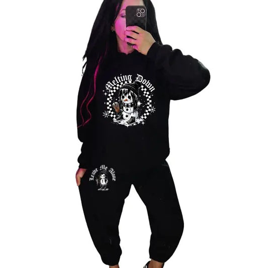 Melting Down & Leave Me Alone Emo Grunge Snowman Crewneck Sweatshirt/Hoodie & Sweatpants Set | Alt Edgy Winter Vibes | Cozy, Comfy Pullover Casual