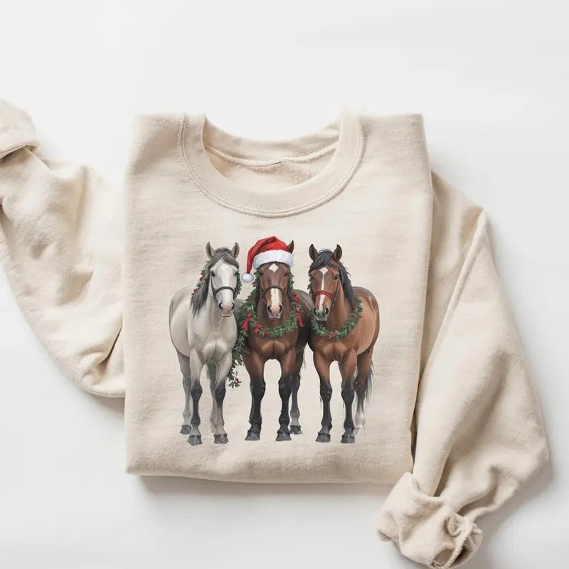 Horse Christmas Sweatshirt, Western Christmas Horse Shirt, Womens Christmas Sweater, Funny Christmas Holliday T-Shirt, Horse Lover Xmas Gift Cotton Crewneck