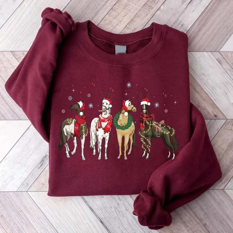 Horse Lover Animal Christmas T-Shirt, Funny Farm Animals Tee, Unisex Cotton Fabric, True to Size Classic Crewneck