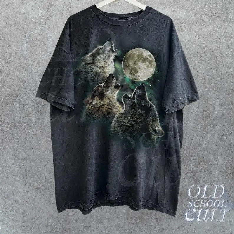 Howling Wolves Vintage 90s Graphic Shirt, Wolf Moon Tee, Wild Free, Loyal Wolf Shirt, Grey Wolf Washed Oversize Tee, Distressed Retro Shirt