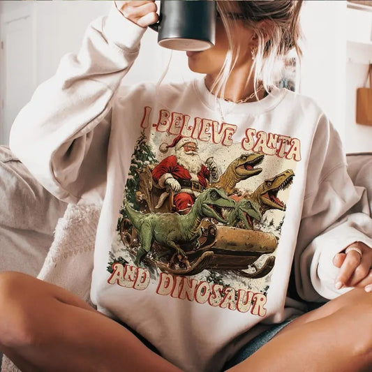 I Believe in Santa and Dinosaurs Sweatshirt, Christmas Santa Dinosaur Lover Unisex Crewneck Sweatshirt & T-shirt in Cotton Fabric - Fitted, Garment Womenswear Hoodie