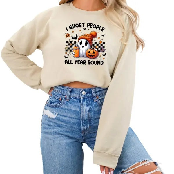 I Ghost People Year Round" Long Sleeve Crewneck Sweatshirt - Unisex Sizing Small to 5X, Retro-Inspired Halloween Vibes, Cute Ghost with Checkered Background, Playful and Fun Style, Vintage-Inspired Sweatshirt, Perfect for Spooky Season and Beyond