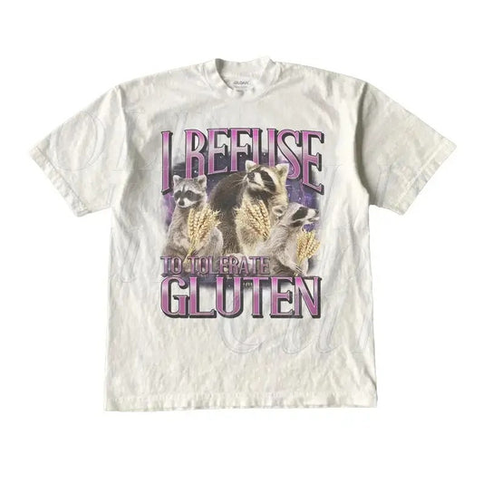 I Refuse To Tolerate Gluten Graphic Tshirt, Unisex Funny Retro Raccoon Shirt, Funny Meme Tee, Vintage Style Cotton ,Gluten Shirt Top