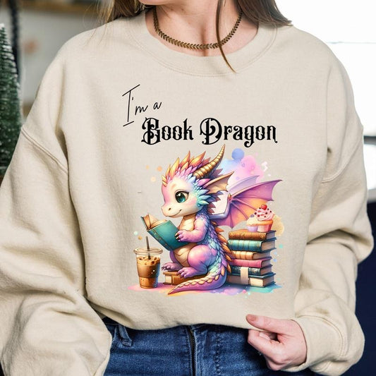 I'm A Book Dragon Sweatshirt, Fantasy Reader Hoodie, Bookish Merch, Trendy Book Lover, Bookworm, Mystical Shirt, Book Dragon Unisex Soft Comfort Crewneck Pullover Long Sleeves Graphic Fabric Sweater