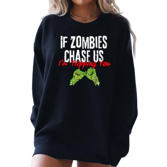 If "Zombies Chase Us, I'm Tripping You" Women's Graphic Tee - Tatted Witch Hand Design | Dark Gothic & Grunge Alt Aesthetic | Perfect for Tattoo Lovers & Dark Humor Fans | Sizes S-5XL | Edgy & Bold Statement Tee for Tatted Women  | Unique Halloween Style