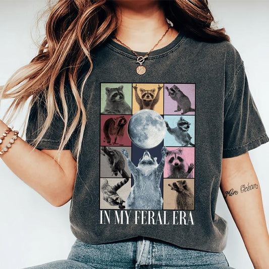 In My Feral Era Shirt, Raccoons Howling At The Moon T-shirt, Funny Raccoons Graphic Printed Tee, Soft Fabric Short Sleeve Tee For Raccoon Lover, Women's Tops, Womenswear, Women Daily Basic Outfits, Cotton Fabric Tee