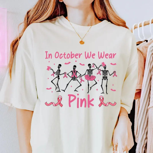 In October We Wear Pink Skeleton Breast Cancer Shirt Breast Cancer Tee Support The Fighters Pink Ribbon Shirt Breast Cancer Awareness