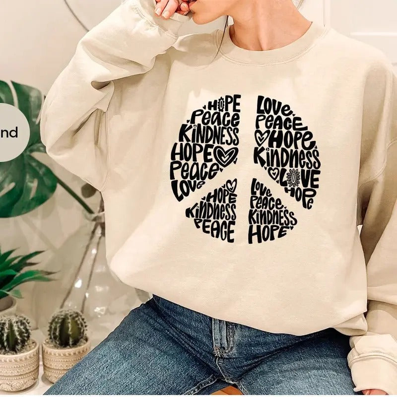 Inspirational Peace Sign Graphic Sweatshirt for Women, Cute Positive Motivational Quotes Sweatshirt, Floral Peace Love Hope Kindness Sweatshirt