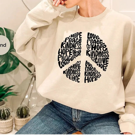 Inspirational Peace Sign Graphic Sweatshirt for Women, Cute Positive Motivational Quotes Sweatshirt, Floral Peace Love Hope Kindness Sweatshirt