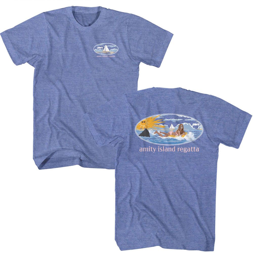 Jaws - Girl On Float - American Classics - Heather Blue Adult Short Sleeve T-Shirt Style001