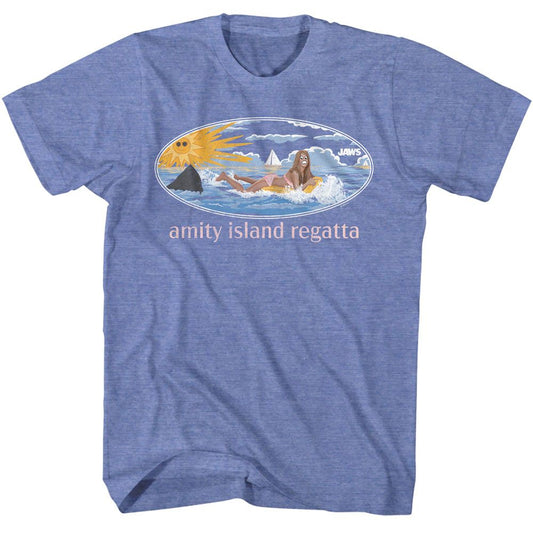 Jaws - Girl On Float - American Classics - Heather Blue Adult Short Sleeve T-Shirt
